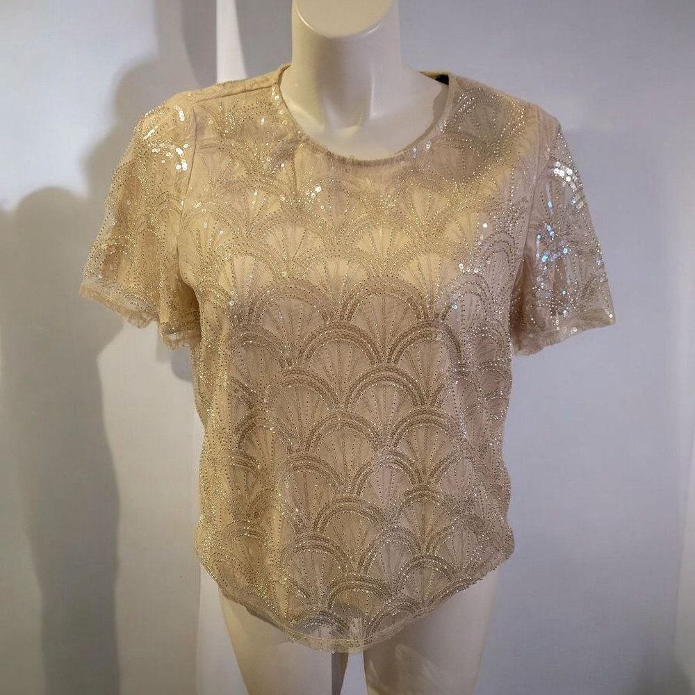 Adrianna Papell Short Sleeve Tee L Beige Sequin
